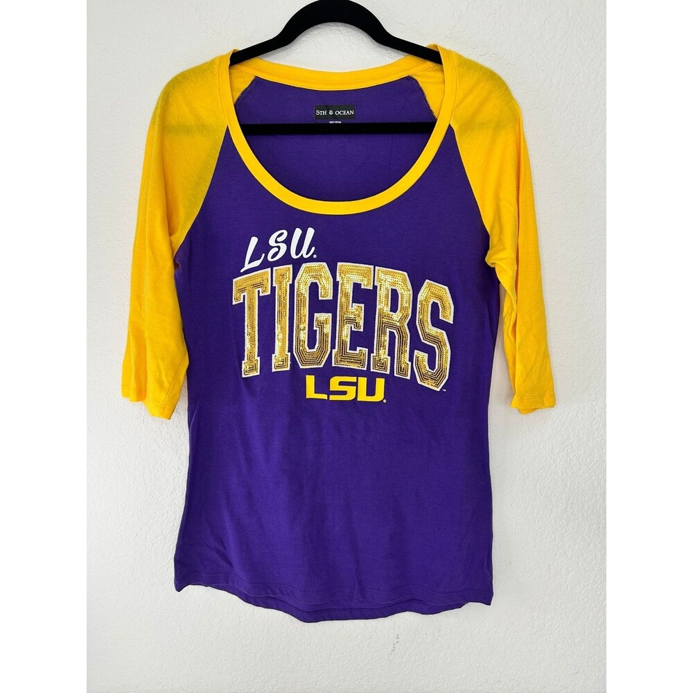 LSU Tigers Women’s Top M Purple Gold Sequin Raglan 3/4 Sleeve Shirt Football - Picture 2 of 10
